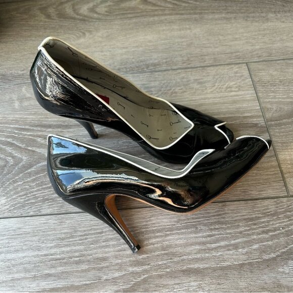 Hugo Boss Peep Toe Patent  Leather Black and White Trim Pumps - Picture 2 of 15
